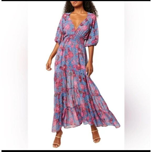 MISA Los Angeles Pippa Floral Tiered Maxi Dress Open Back Night Blooms M $375 - Picture 2 of 10